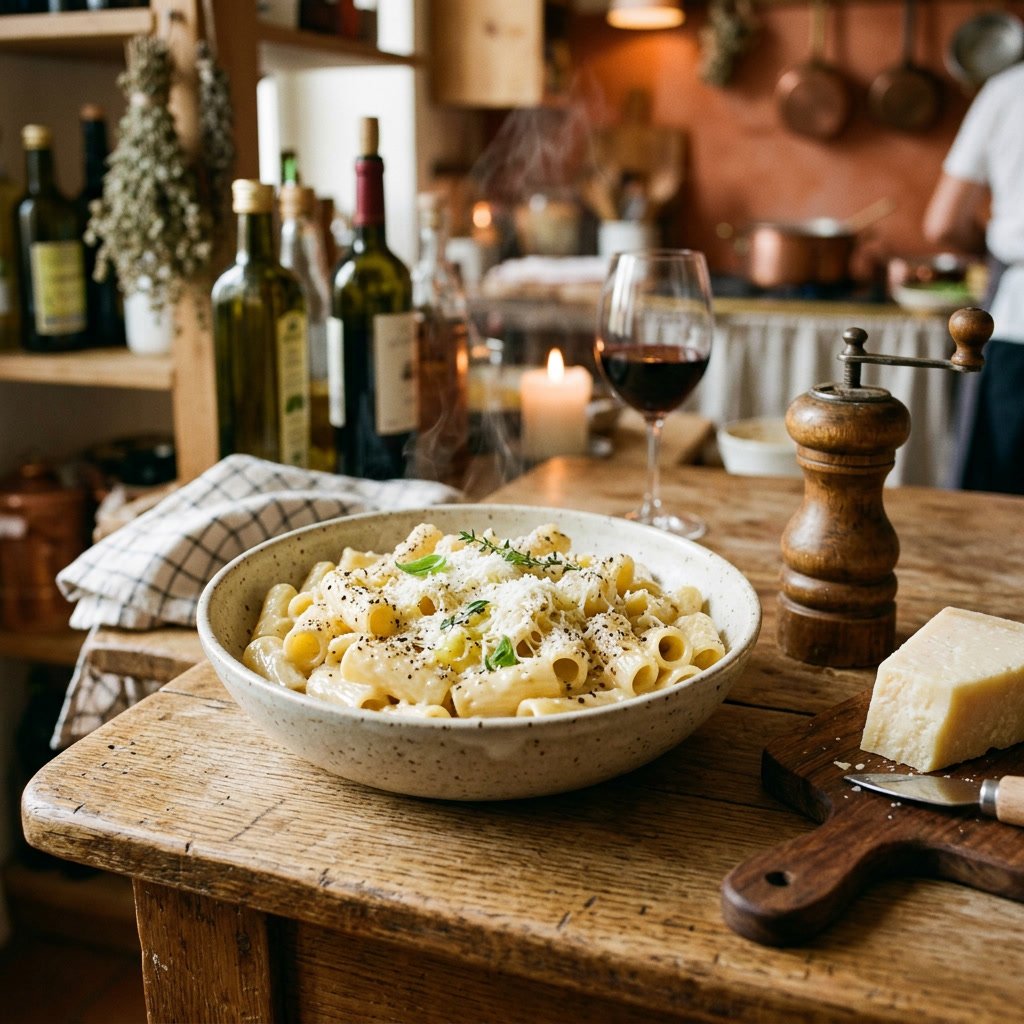 Creamy mafia mac and cheese cacio e pepe style topped with pecorino romano and cracked black pepper