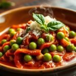 Braised green peas in rich tomato garlic sauce with basil and parmesan plated elegantly