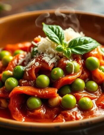 Braised green peas in rich tomato garlic sauce with basil and parmesan plated elegantly
