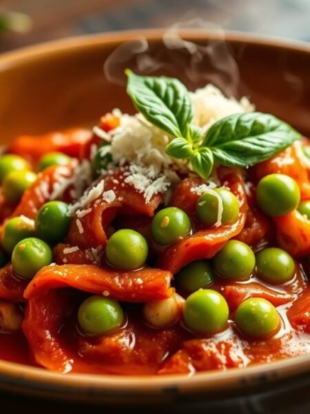 Braised green peas in rich tomato garlic sauce with basil and parmesan, plated elegantly