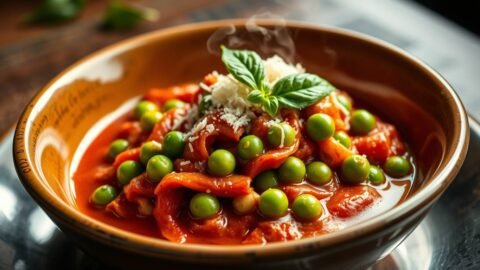 Braised green peas in rich tomato garlic sauce with basil and parmesan plated elegantly