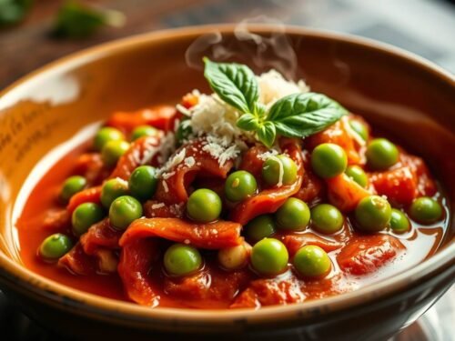 Braised green peas in rich tomato garlic sauce with basil and parmesan plated elegantly