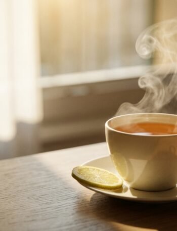 Bergamot Earl Grey tea in morning light with fresh citrus zest