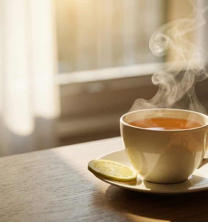 Bergamot Earl Grey tea in morning light with fresh citrus zest