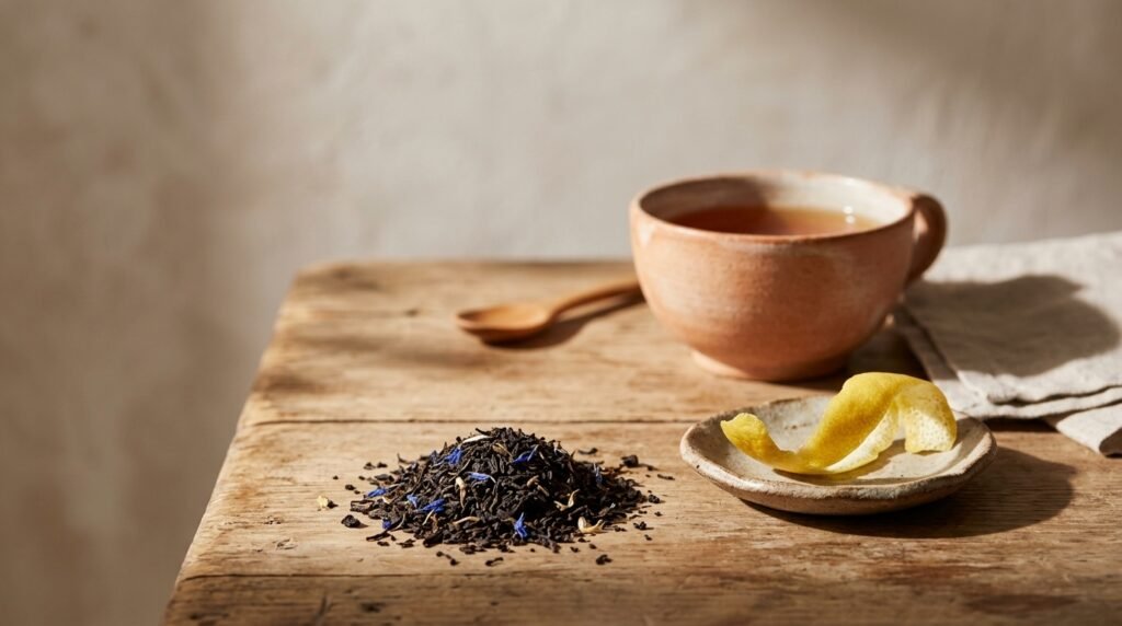 Loose leaf Earl Grey tea with bergamot peel close up