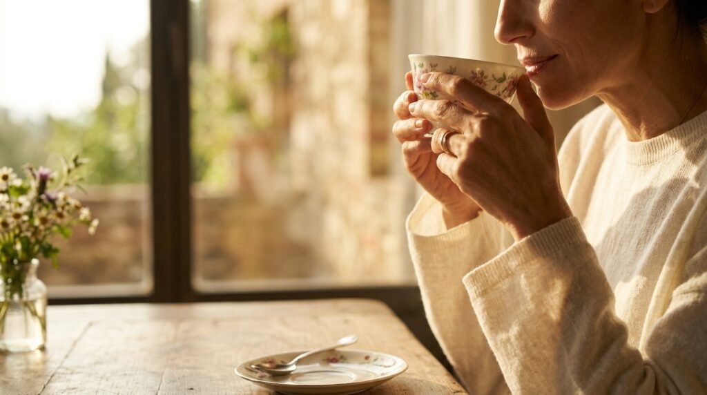 Person taking first sip of bergamot tea in calm morning