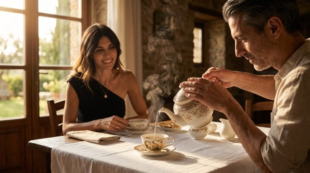 Pouring hot water into Earl Grey tea with steam rising