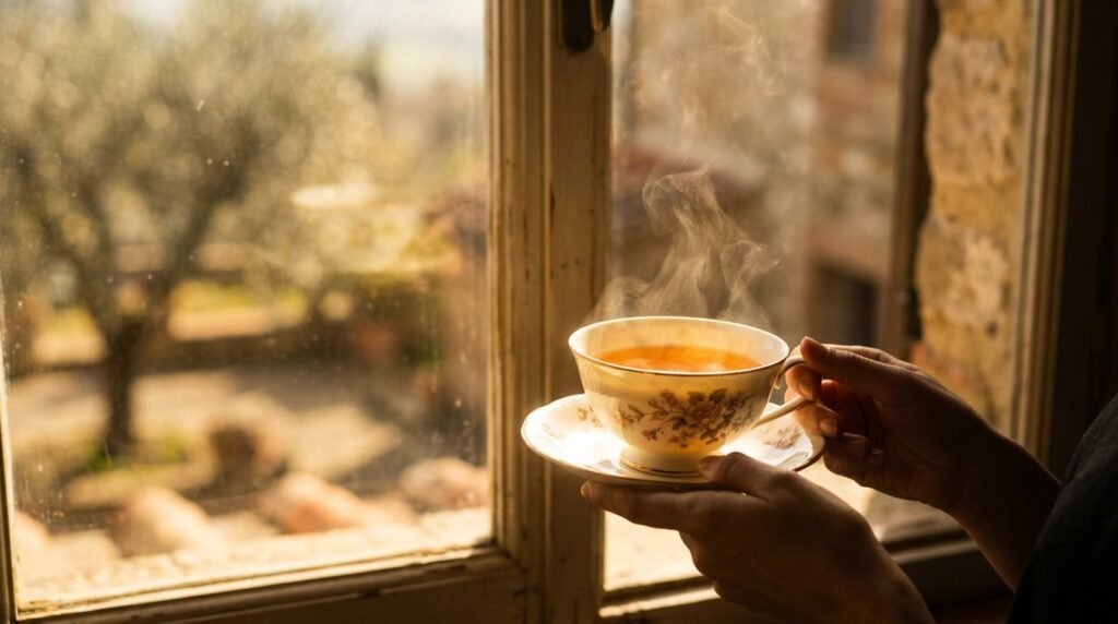 Tea cup glowing in sunlight showing amber color