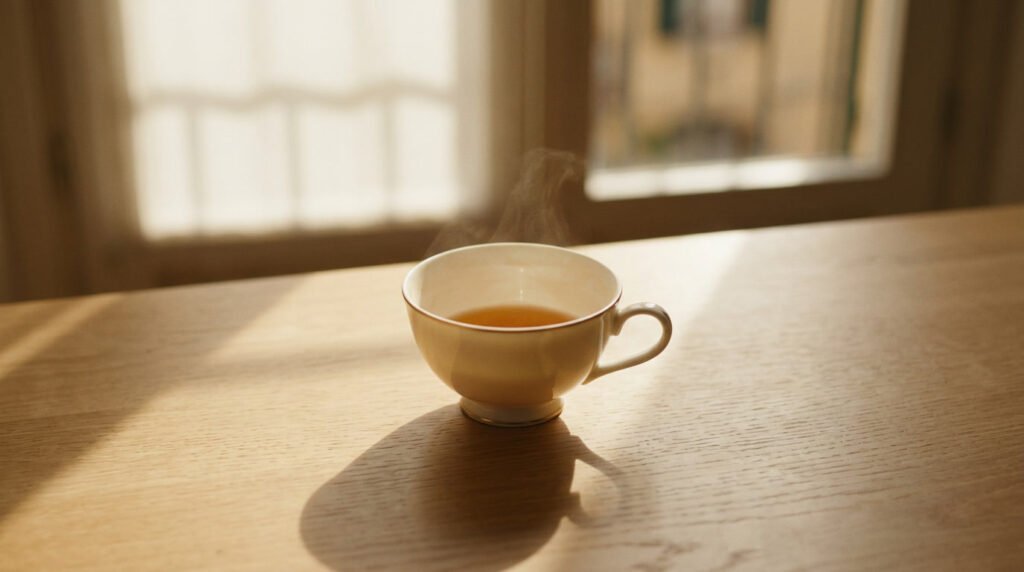 Nearly empty tea cup in soft morning light