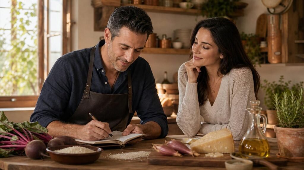 Marco writes notes in his chef's notebook while Lira watches in a cozy Italian kitchen before making beetroot risotto.