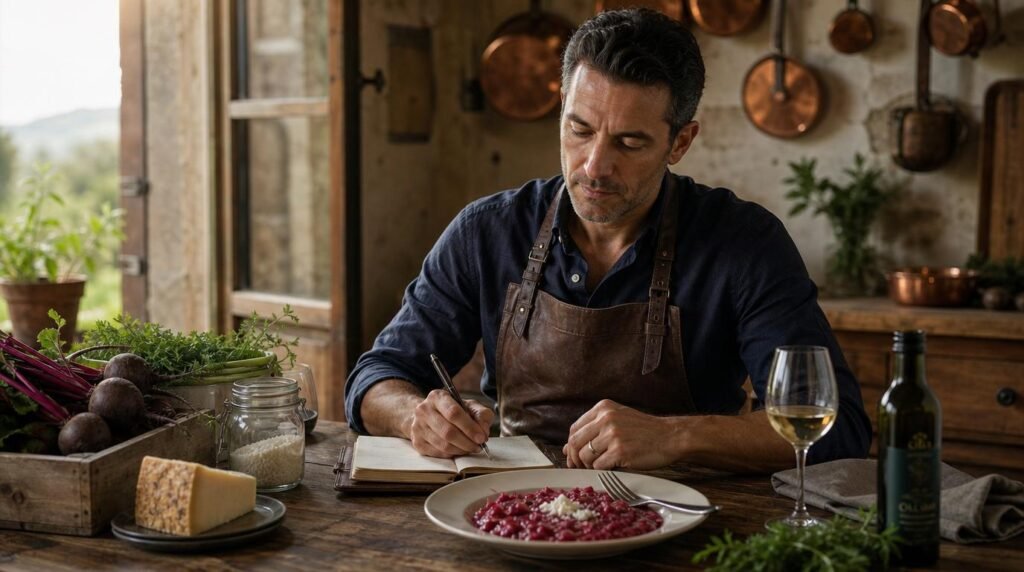 Marco writes observations in his leather chef's notebook after finishing a beetroot risotto in a warm Italian farmhouse kitchen.