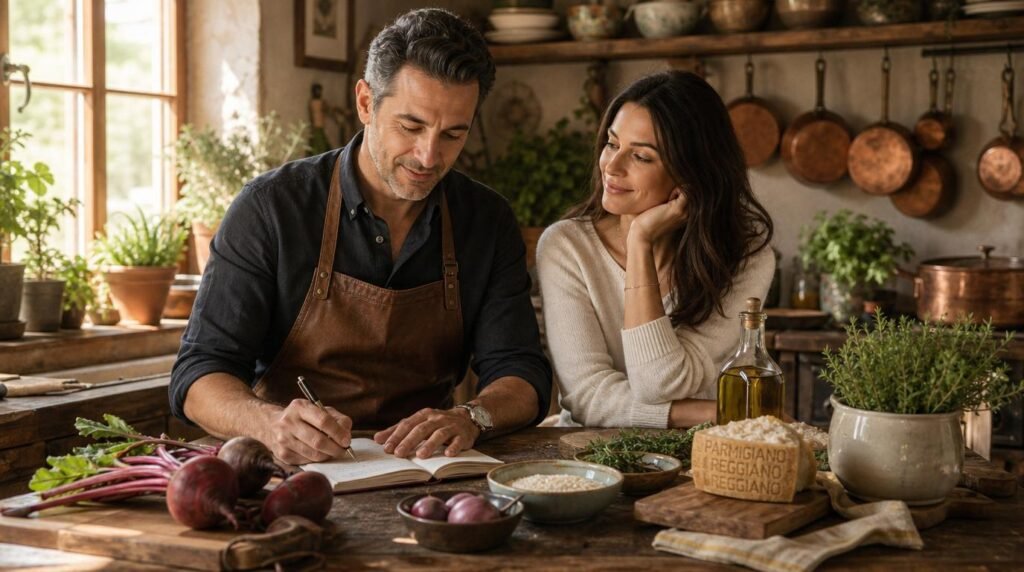 Marco writes in his chefs notebook while Lira watches with a smile in a rustic Italian farmhouse kitchen surrounded by fresh beetroot Carnaroli rice and a finished beetroot risotto with cheese cream