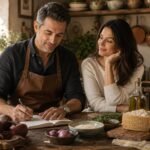 Marco writes in his chefs notebook while Lira watches with a smile in a rustic Italian farmhouse kitchen surrounded by fresh beetroot Carnaroli rice and a finished beetroot risotto with cheese cream