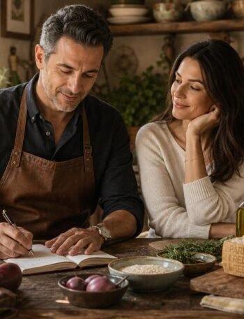 Marco writes in his chefs notebook while Lira watches with a smile in a rustic Italian farmhouse kitchen surrounded by fresh beetroot Carnaroli rice and a finished beetroot risotto with cheese cream