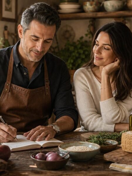 Marco writes in his chefs notebook while Lira watches with a smile in a rustic Italian farmhouse kitchen surrounded by fresh beetroot Carnaroli rice and a finished beetroot risotto with cheese cream