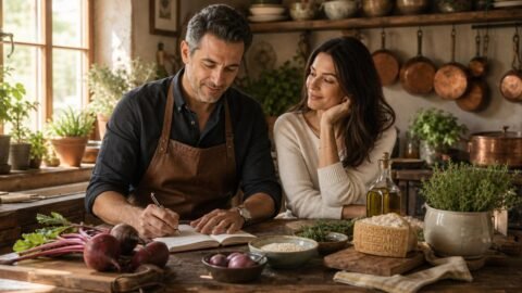Marco writes in his chefs notebook while Lira watches with a smile in a rustic Italian farmhouse kitchen surrounded by fresh beetroot Carnaroli rice and a finished beetroot risotto with cheese cream