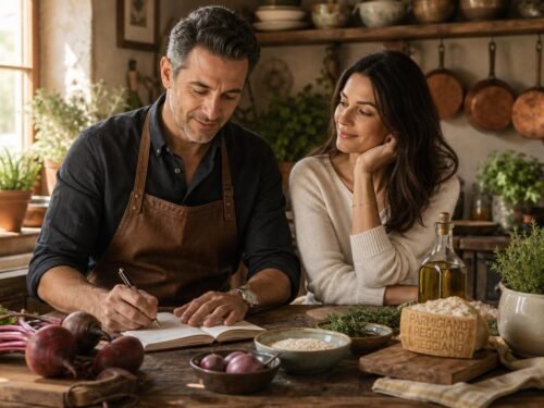 Marco writes in his chefs notebook while Lira watches with a smile in a rustic Italian farmhouse kitchen surrounded by fresh beetroot Carnaroli rice and a finished beetroot risotto with cheese cream
