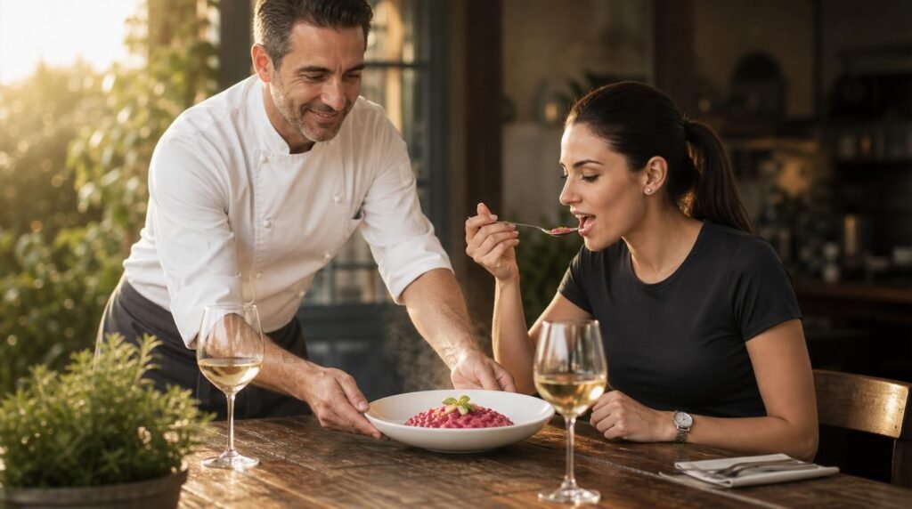 Marco and Lira taste freshly made beetroot risotto together in a cozy Italian kitchen