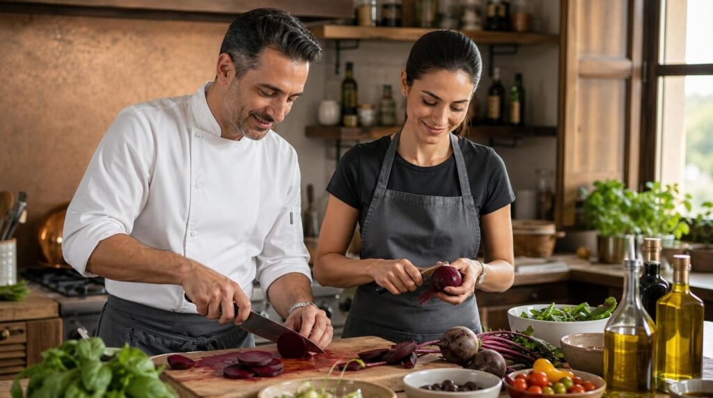 Marco slices cooked beetroot while Lira peels another beet in a rustic Italian kitchen