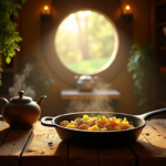Rustic Shire style kitchen with a cast iron skillet filled with golden vegan mushroom and potato hash morning sunlight streaming through a round hobbit window