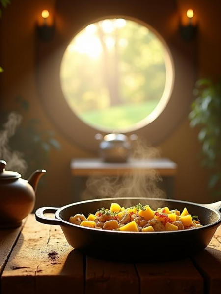 Rustic Shire-style kitchen with a cast-iron skillet filled with golden vegan mushroom and potato hash, morning sunlight streaming through a round hobbit window