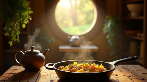 Rustic Shire style kitchen with a cast iron skillet filled with golden vegan mushroom and potato hash morning sunlight streaming through a round hobbit window