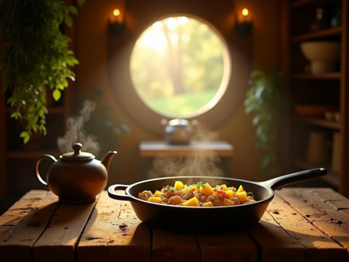 Rustic Shire style kitchen with a cast iron skillet filled with golden vegan mushroom and potato hash morning sunlight streaming through a round hobbit window