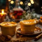Vegan Butterbeer Crème Pots topped with golden foam and shimmering spice dust in candlelight