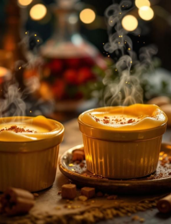 pixifyai1760795301png esoterristablecom Vegan Butterbeer Crème Pots topped with golden foam and shimmering spice dust in candlelight