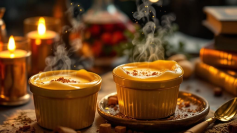 Vegan Butterbeer Crème Pots topped with golden foam and shimmering spice dust in candlelight