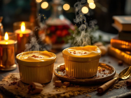 Vegan Butterbeer Crème Pots topped with golden foam and shimmering spice dust in candlelight