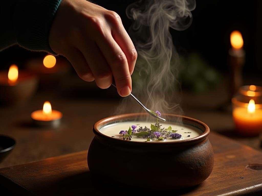 Warming oat milk with herbs under soft candlelight