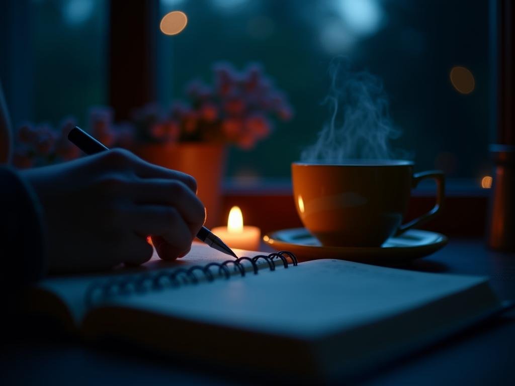 Person writing in a dream journal beside a steaming cup