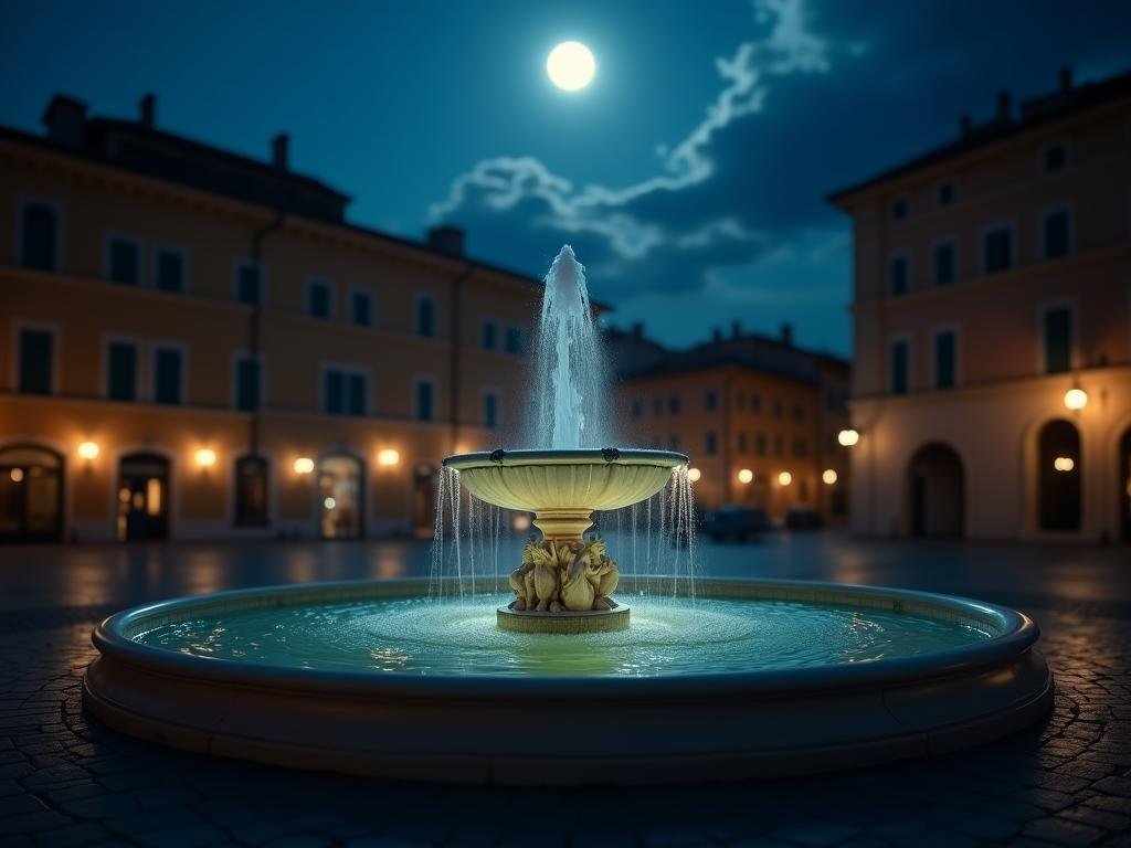 Moonlit Roman fountain with reflections of ancient architecture
