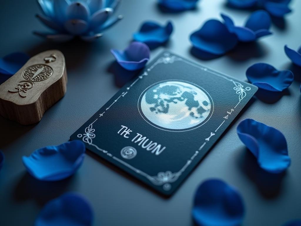 The Moon tarot card and Laguz rune with blue lotus petals