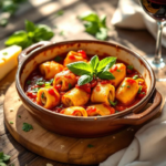 Baked vegetarian cannelloni in tomato basil sauce topped with melted Parmesan and basil leaves