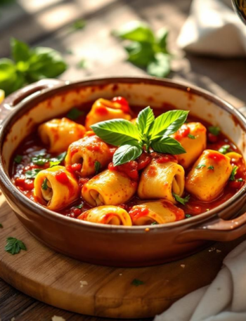 Baked vegetarian cannelloni in tomato basil sauce topped with melted Parmesan and basil leaves