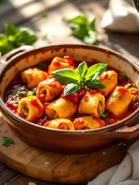 Baked vegetarian cannelloni in tomato-basil sauce, topped with melted Parmesan and basil leaves.