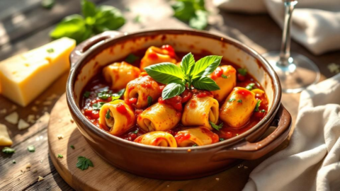 Baked vegetarian cannelloni in tomato basil sauce topped with melted Parmesan and basil leaves