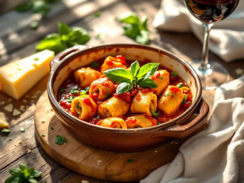 Baked vegetarian cannelloni in tomato basil sauce topped with melted Parmesan and basil leaves