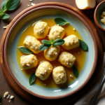 Italian ricotta gnudi topped with brown butter and crisp sage leaves on a rustic ceramic plate