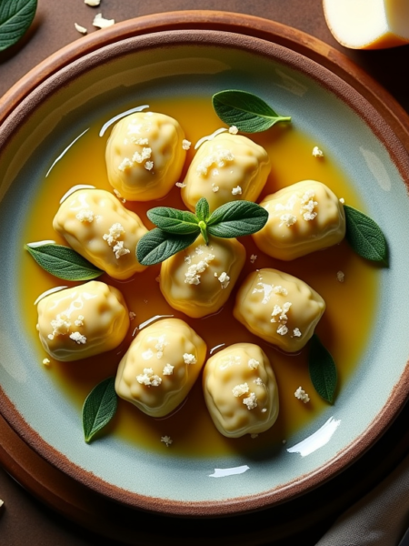 Italian ricotta gnudi topped with brown butter and crisp sage leaves on a rustic ceramic plate