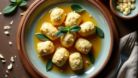 Italian ricotta gnudi topped with brown butter and crisp sage leaves on a rustic ceramic plate
