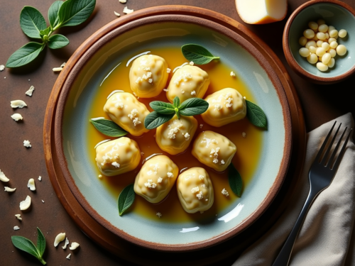 Italian ricotta gnudi topped with brown butter and crisp sage leaves on a rustic ceramic plate