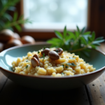 Creamy chestnut and porcini mushroom risotto in a shallow bowl with sage and winter garden lighting