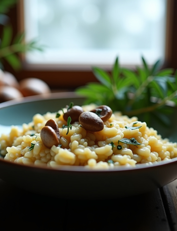 Creamy chestnut and porcini mushroom risotto in a shallow bowl with sage and winter garden lighting
