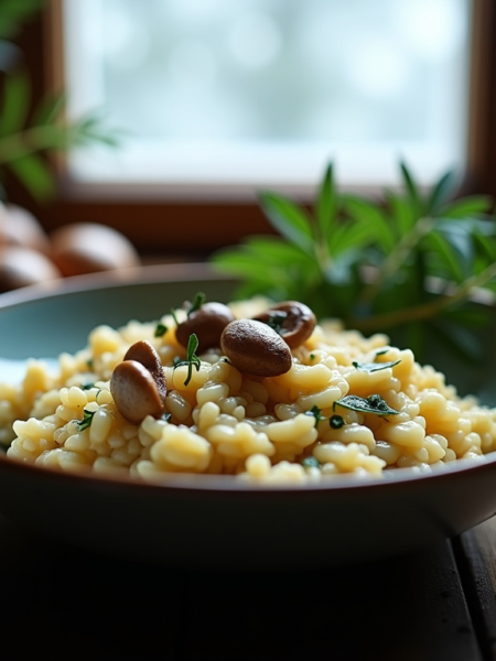 Creamy chestnut and porcini mushroom risotto in a shallow bowl with sage and winter garden lighting