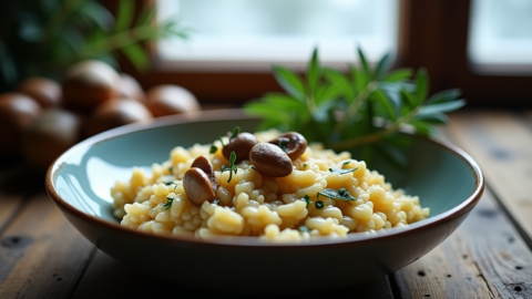 Creamy chestnut and porcini mushroom risotto in a shallow bowl with sage and winter garden lighting
